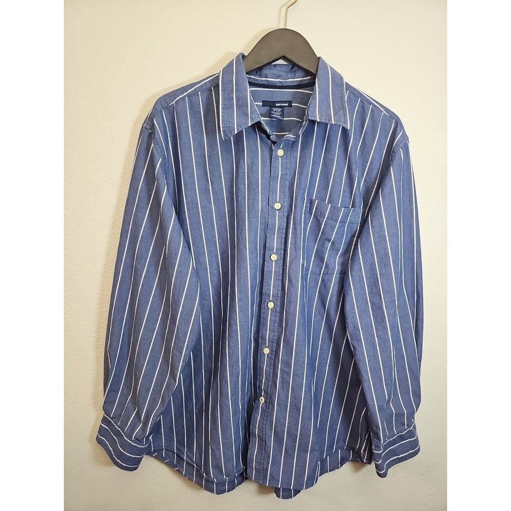Basic Editions Shirt  white Striped   Long Sleeve Button Up Collard .‎
